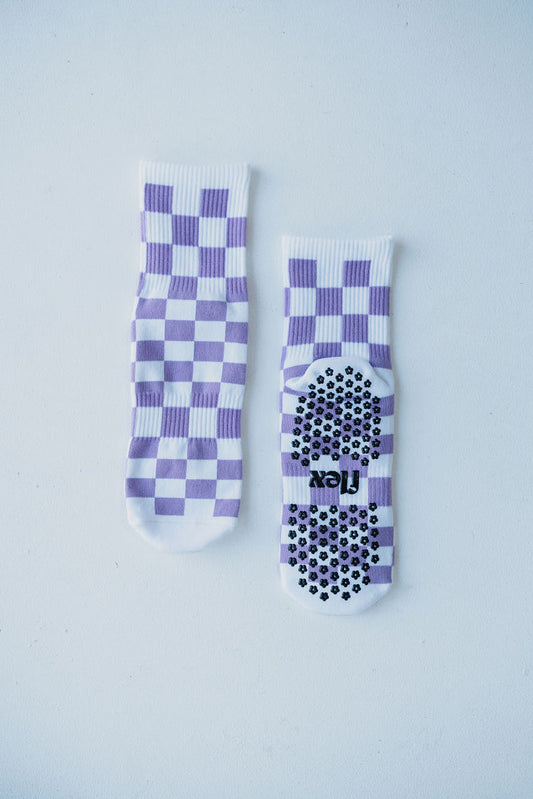 Check Crew Length Grip Sock - Purple