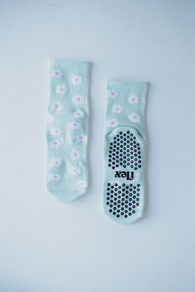 Daisy Floral Crew Length Grip Sock - Aqua