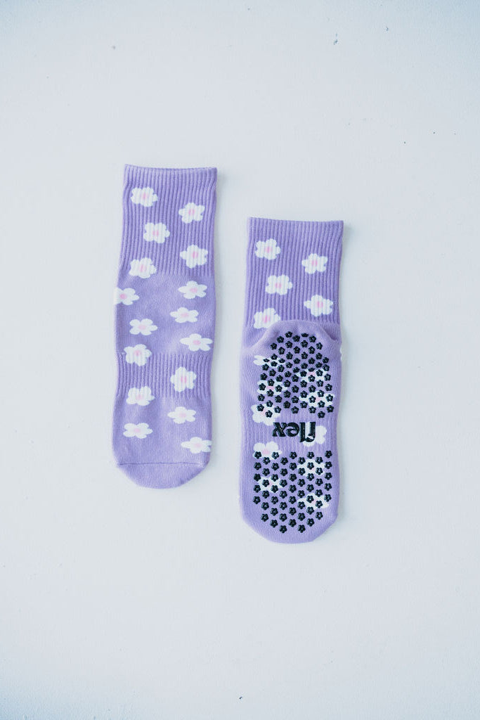 Daisy Floral Crew Length Grip Sock - Purple