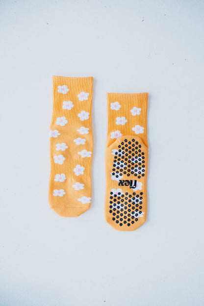 Daisy Floral Crew Length Grip Sock - Orange