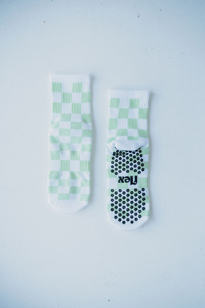 Check Crew Length Grip Sock - Lime Green