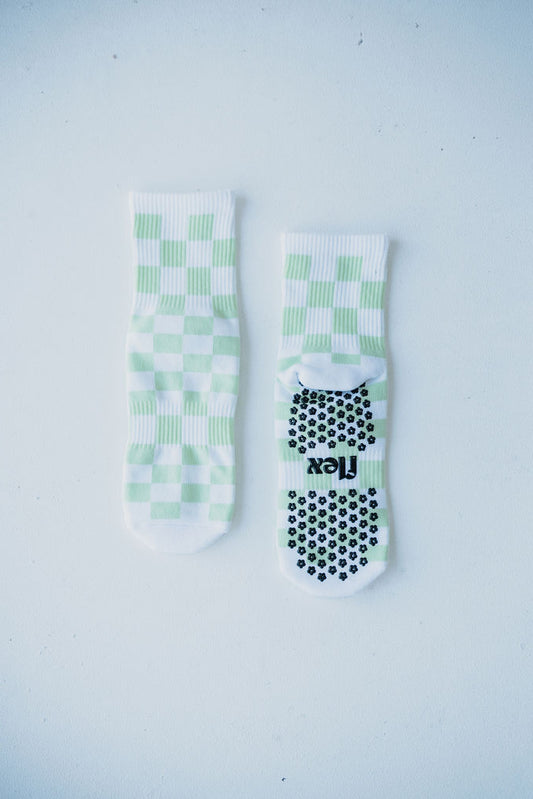 Check Crew Length Grip Sock - Lime Green