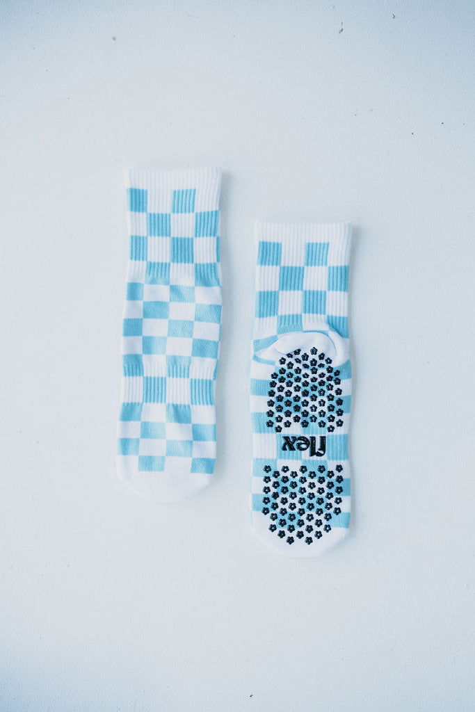 Check Crew Length Grip Sock - Blue